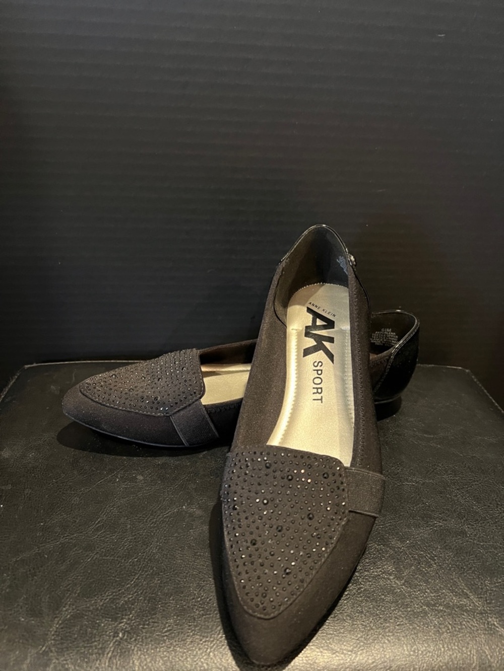 Anne Klein Sport Black Pointed Toe Flats with Rhinestone Detail